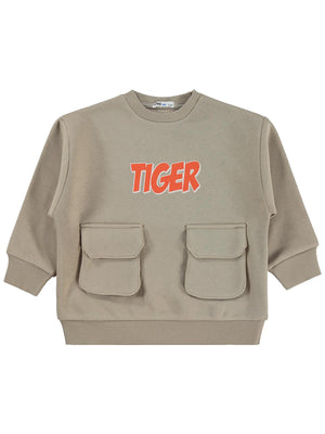 Civil Erkek Çocuk Tiger Baskı-Nakışlı Sweatshirt | 3 İp Uzun Kol | Okul Kreş ve Günlük Kullanım - Bej