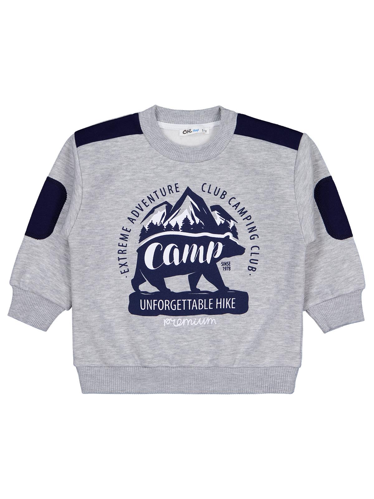 Civil Erkek Çocuk Camp Baskılı Sweatshirt | 3 İp Uzun Kol | Okul Kreş ve Günlük Kullanım - Gri