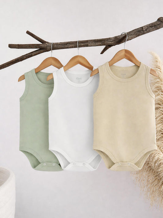 Civil Baby 3'lü Düz Sıfır Kol 3-36 Ay Çıtçıtlı Badi - Bej