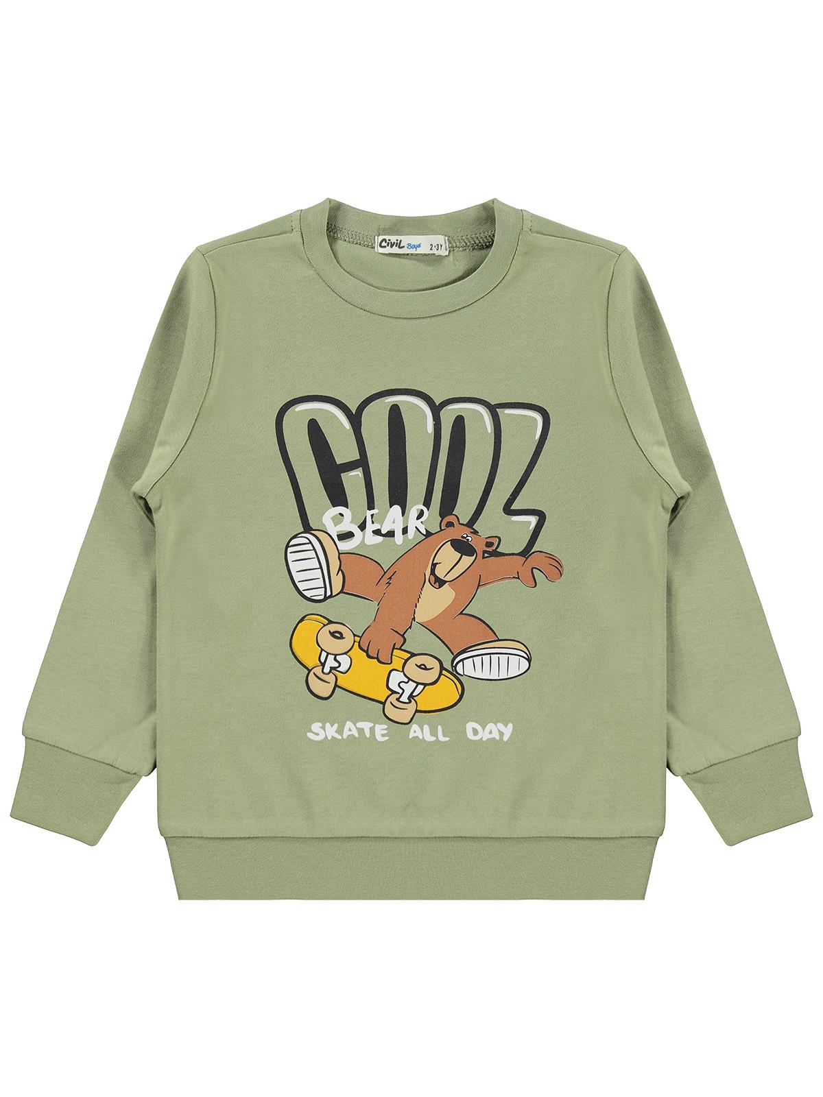 Civil Erkek Çocuk Cool Baskılı Sweatshirt Km | İnterlok Uzun Kol | Okul Kreş ve Günlük Kullanım - Haki