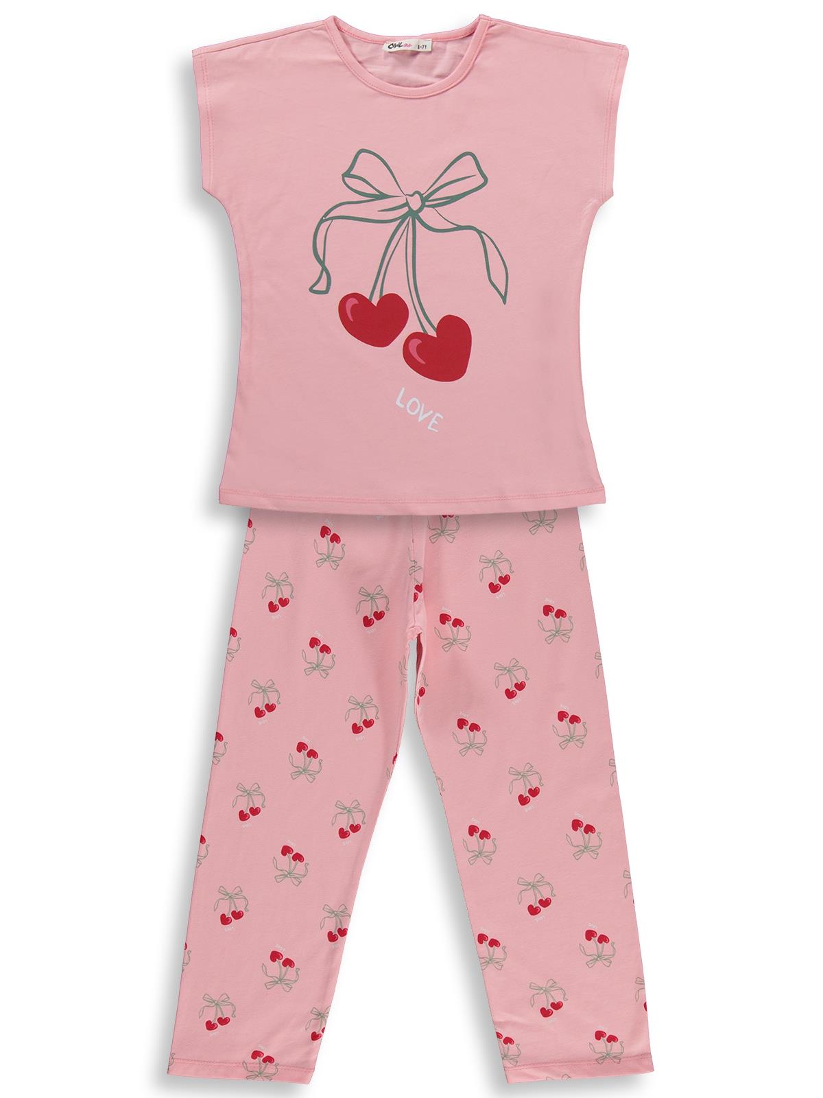 Civil Girls Kiraz Desenli 10-13 Yaş Pijama Takımı - Pudra