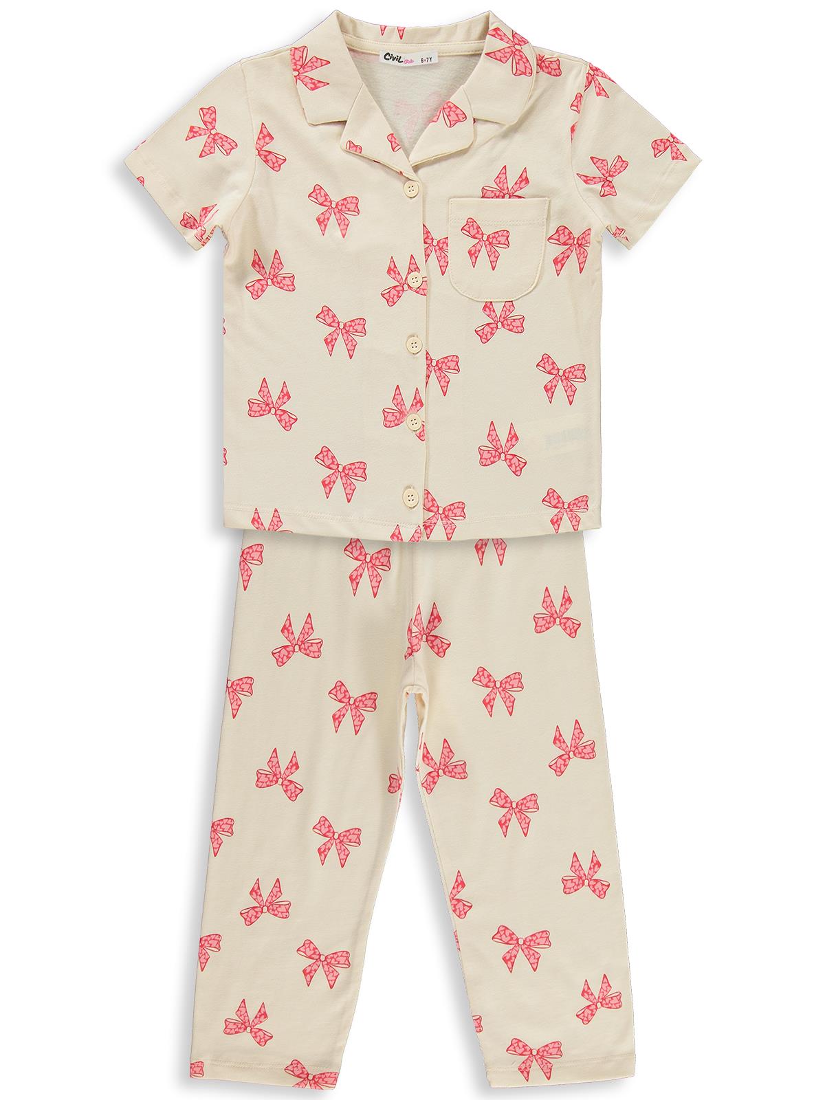 Civil Girls Fiyonk Desenli 6-9 Yaş Pijama Takımı - Fil Dişi