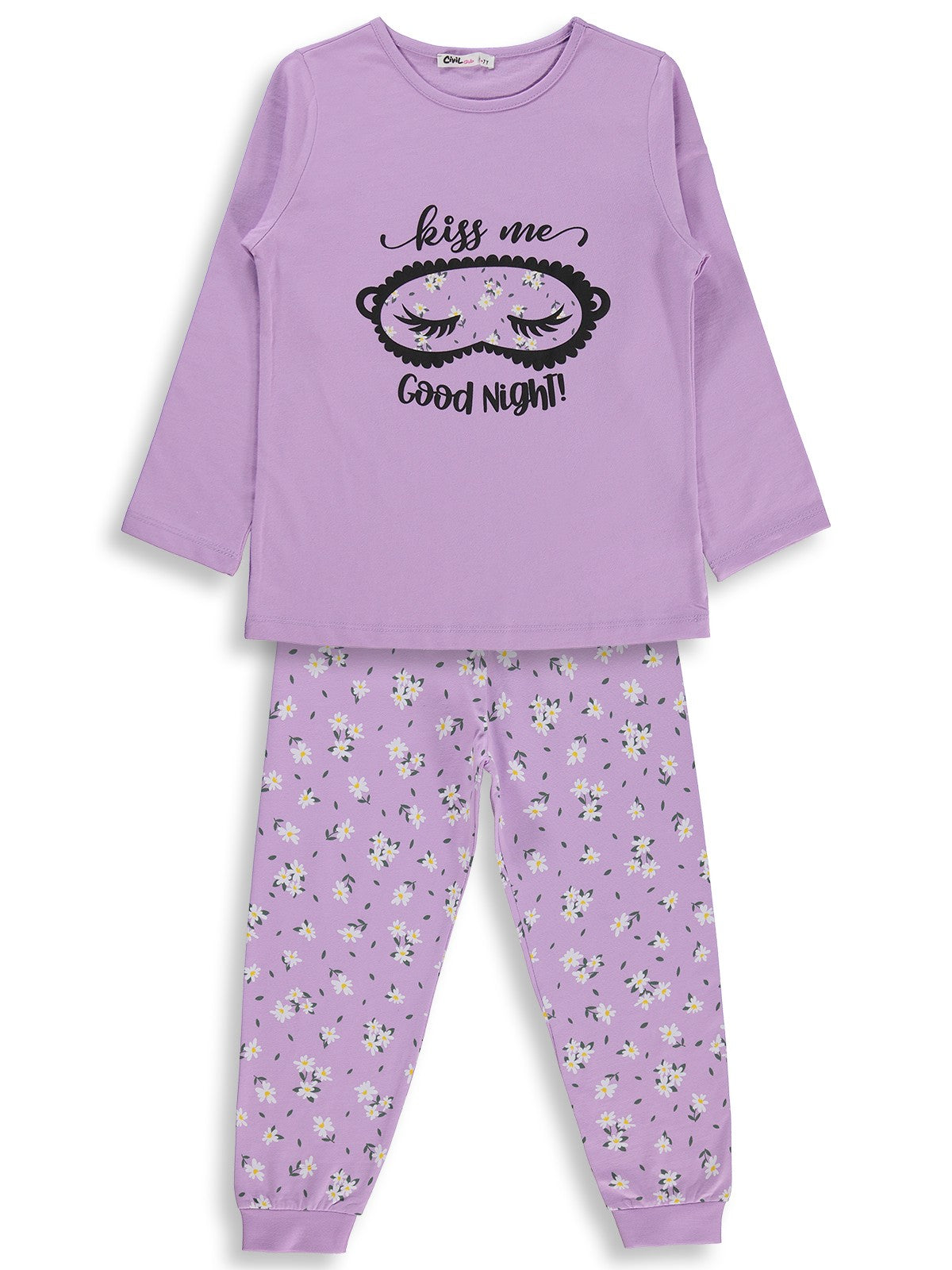 Civil Girls Çiçek Desenli 6-9 Yaş Pijama Takımı - Lila