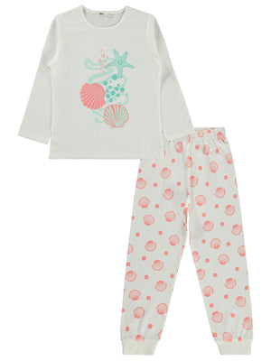 Civil Girls Deniz Kabuğu Desenli 6-9 Yaş Pijama Takımı - Kırık Beyaz