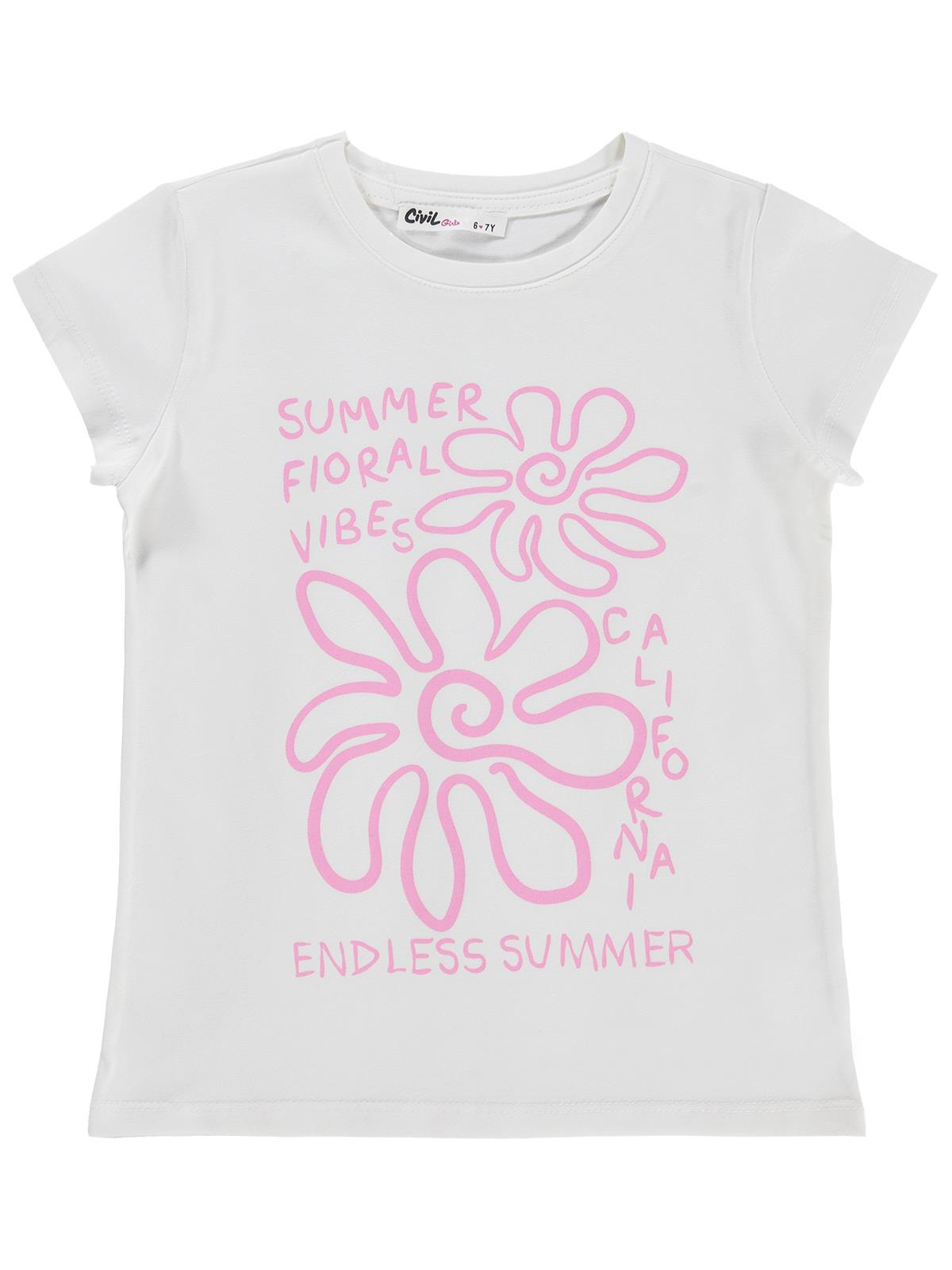 Civil Girls Summer Fıoral Vibes Baskılı 6-9 Yaş Tişört  - Kırık Beyaz