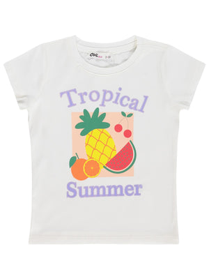 Civil Girls Tropical Baskılı 2-5 Yaş Tişört - Kırık Beyaz
