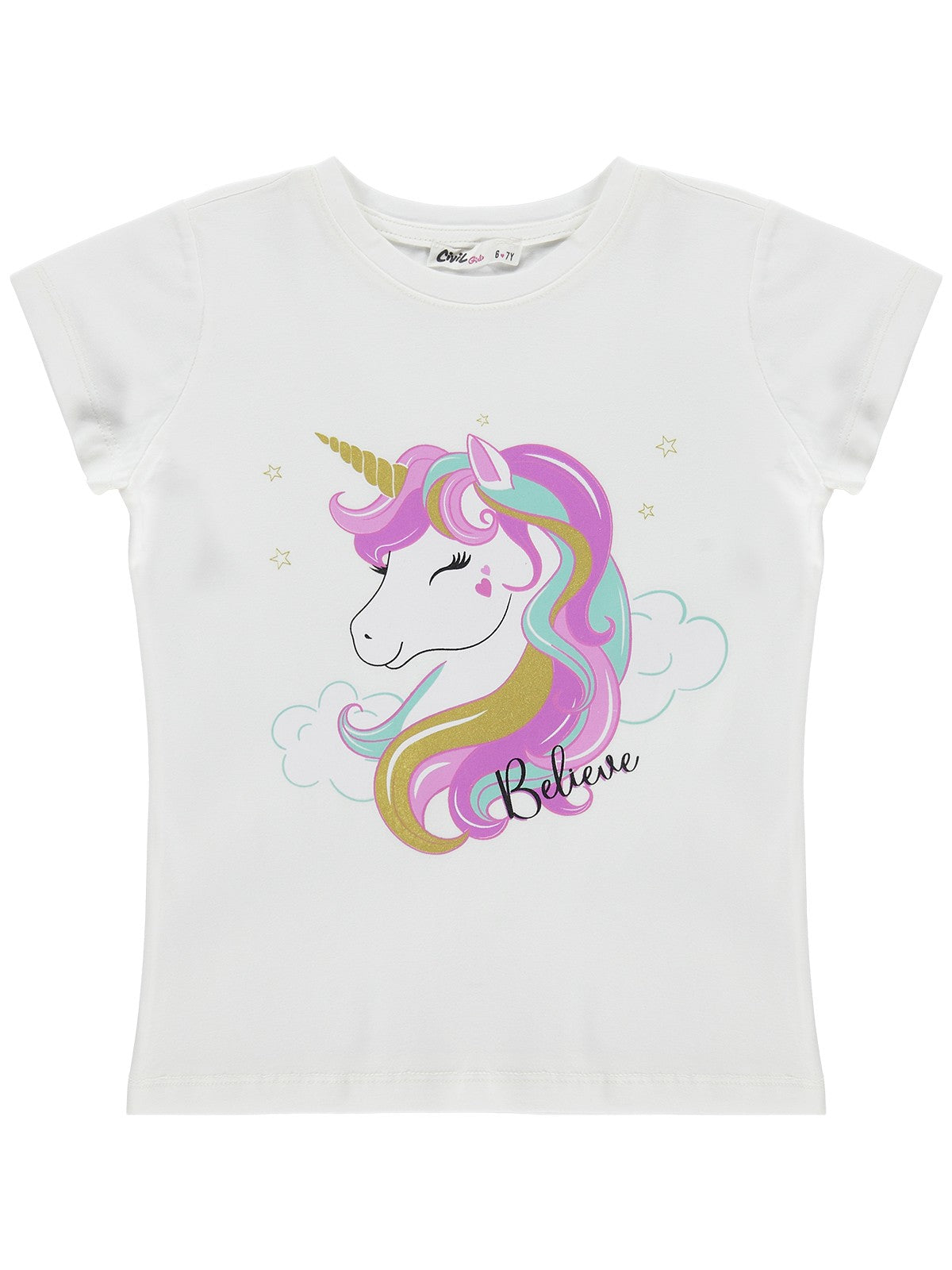 Civil Girls Unicorn Baskılı 6-9 Yaş Tişört  - Kırık Beyaz