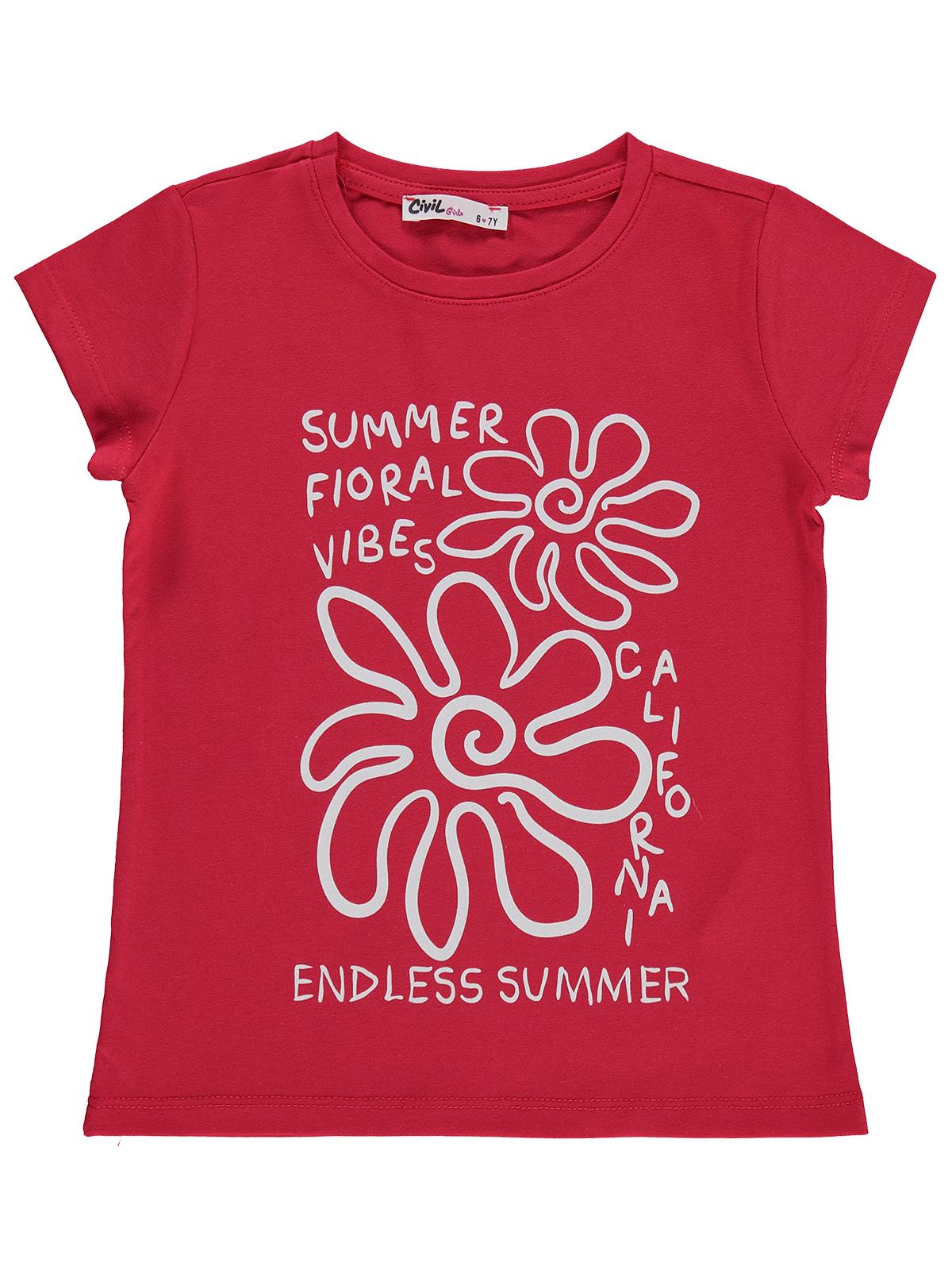 Civil Girls Summer Fıoral Vibes Baskılı 6-9 Yaş Tişört  - Kırmızı