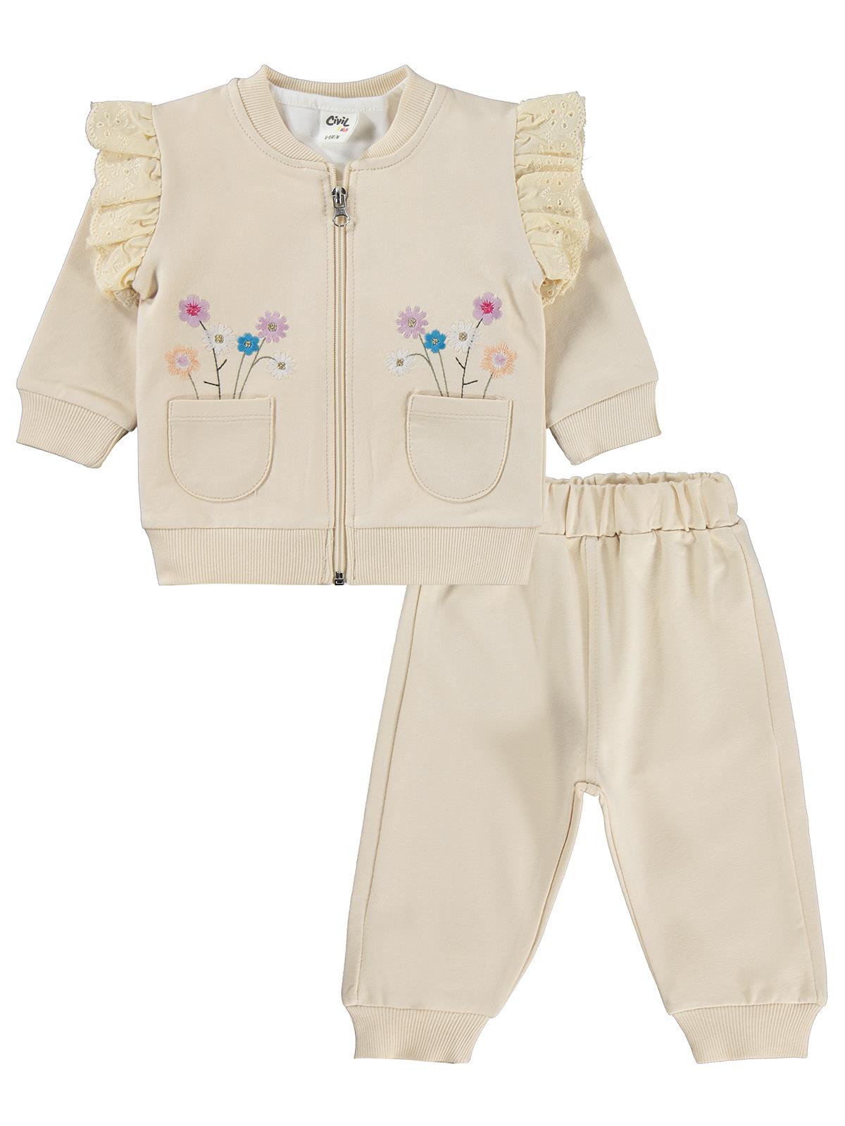 Civil Baby Çiçek Nakışlı Hırkalı 6-18 Ay Takım - Bej