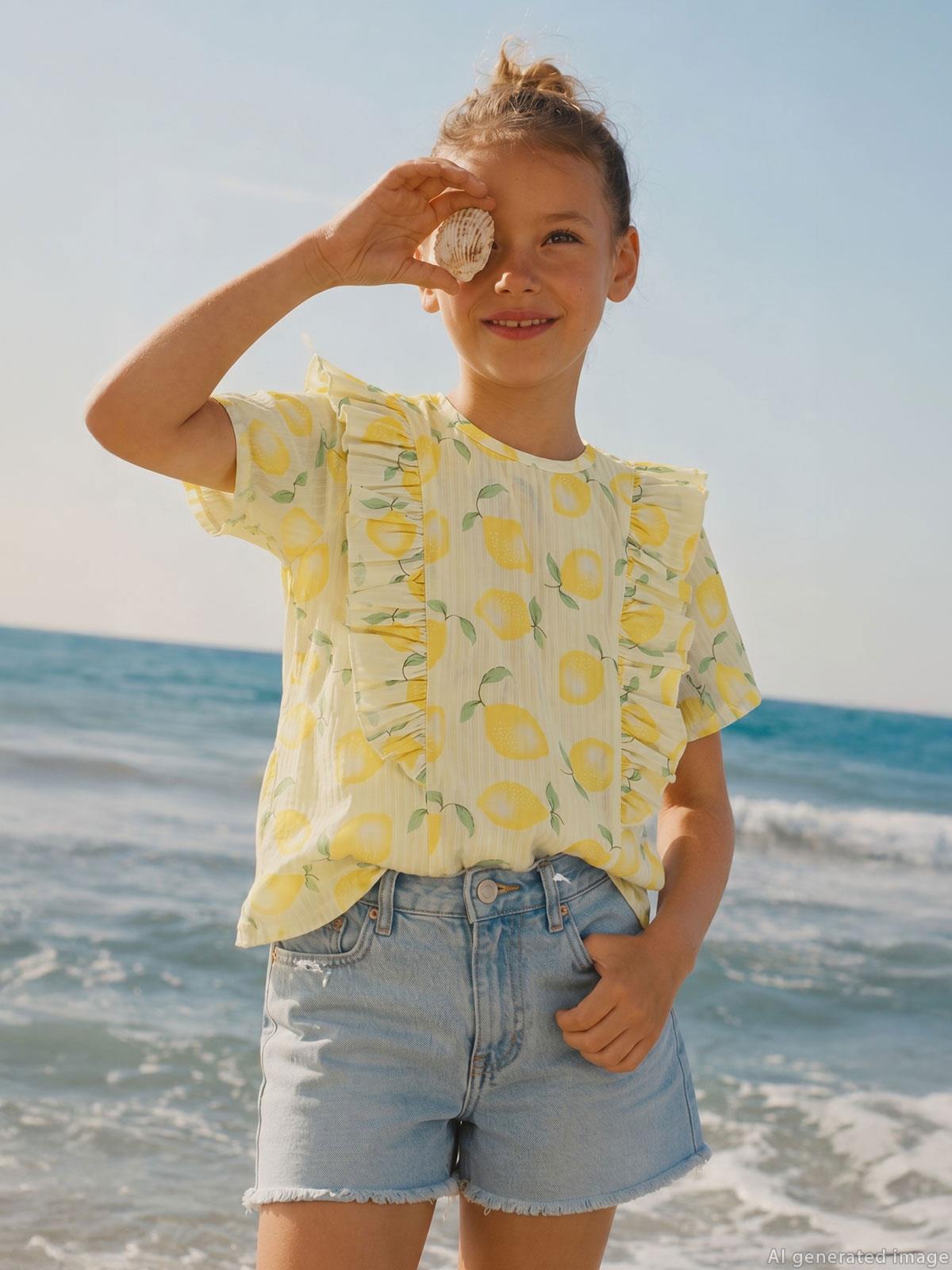 Civil Girls Limon Desenli 6-9 Yaş Gömlek - Sarı
