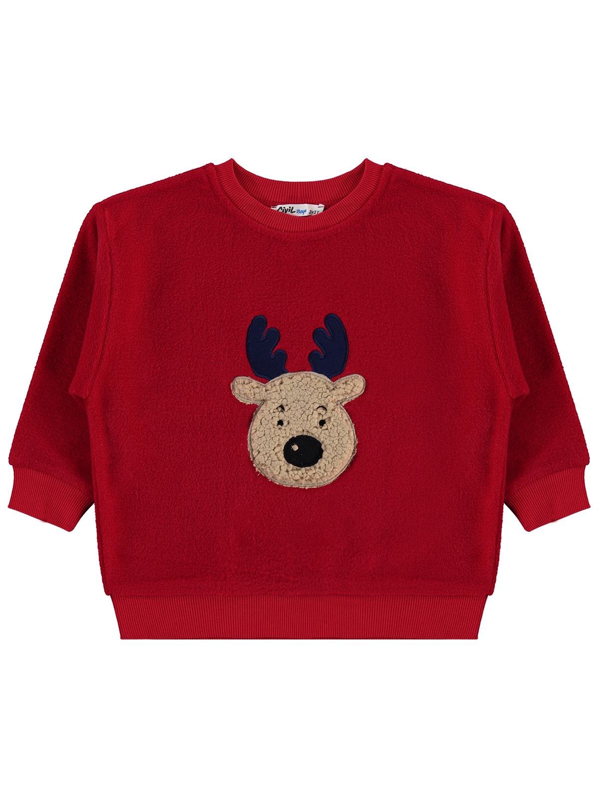 Civil Boys Erkek Çocuk Geyik Nakışlı Sweatshirt | Polar Uzun Kol | Okul Kreş ve Günlük Kullanım - Kırmızı