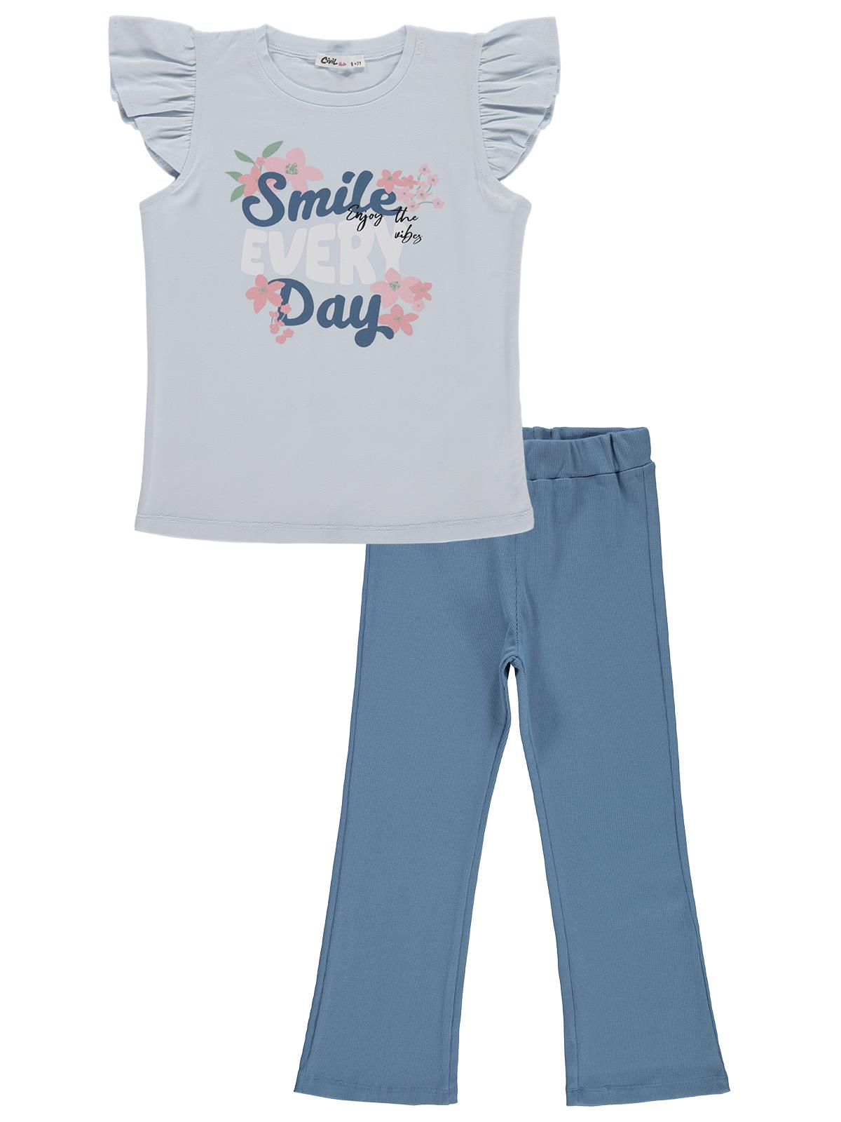 Civil Girls Kız Çocuk Smile Baskılı 6-9 Yaş Takım - Açık Mavi-Koyu İndigo