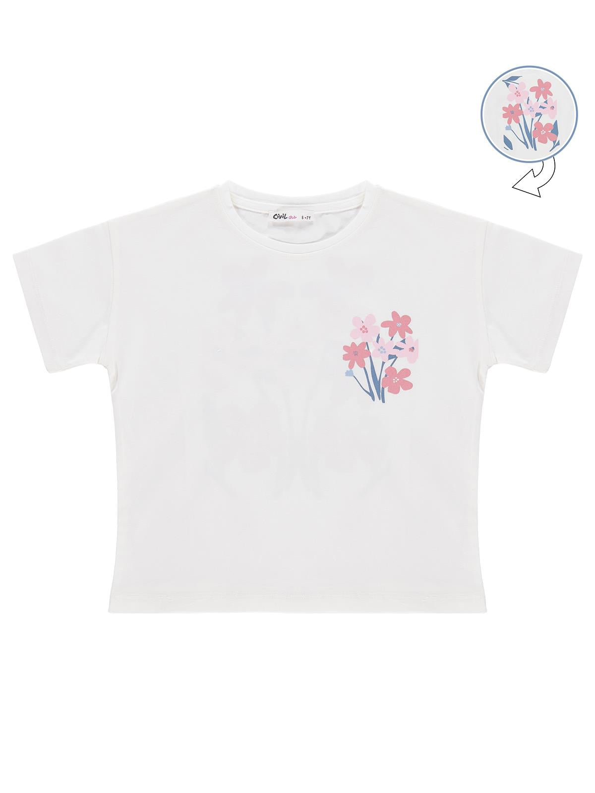 Civil Girls Renkli Çiçek Baskılı 10-13 Yaş Tişört - Kırık Beyaz