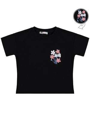 Civil Girls Renkli Çiçek Baskılı 10-13 Yaş Tişört - Siyah