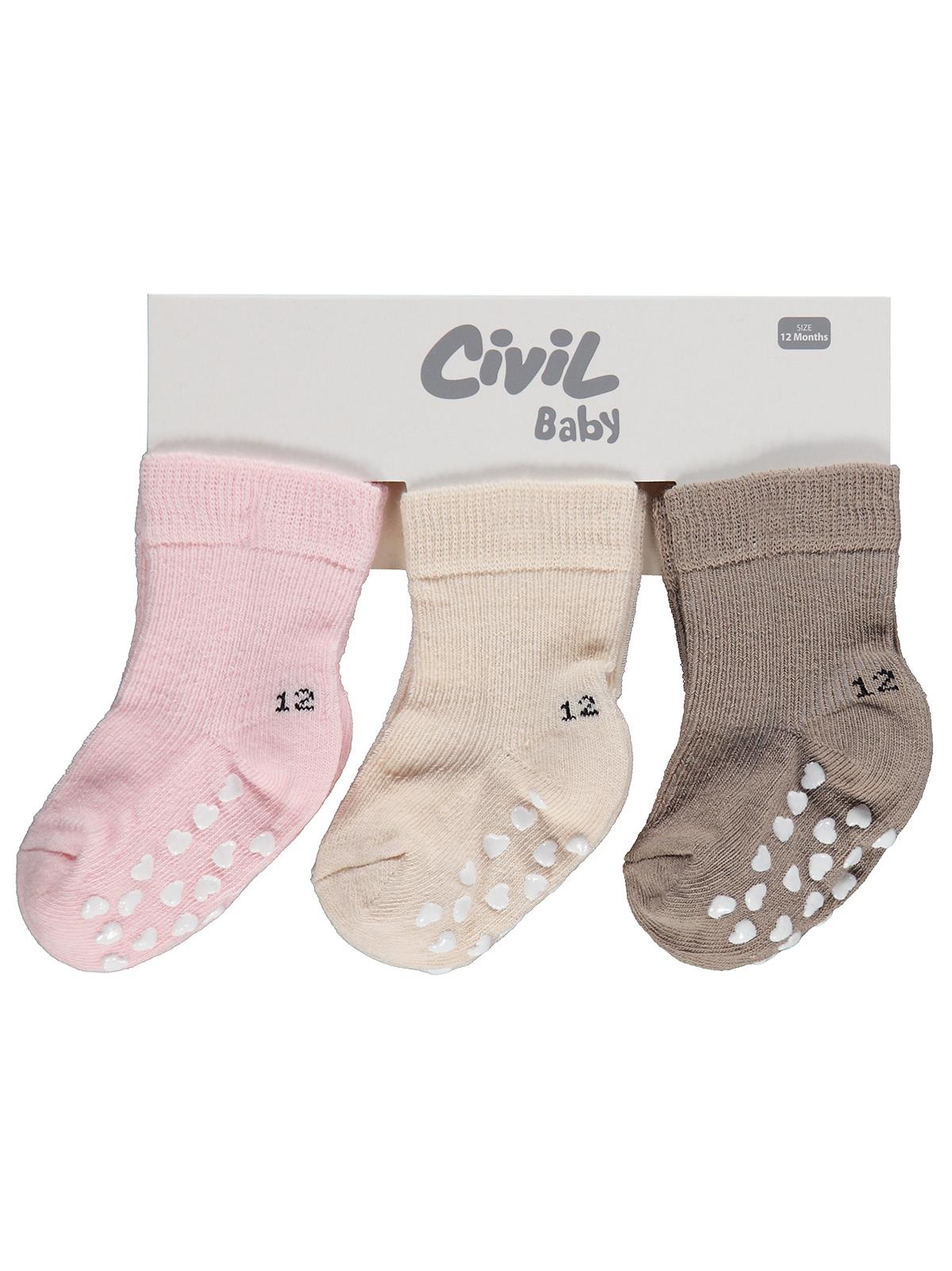 Civil Baby Kaydırmaz Kalp Baskı 3'lü 6-18 Ay Bebek Kız Çorap Set