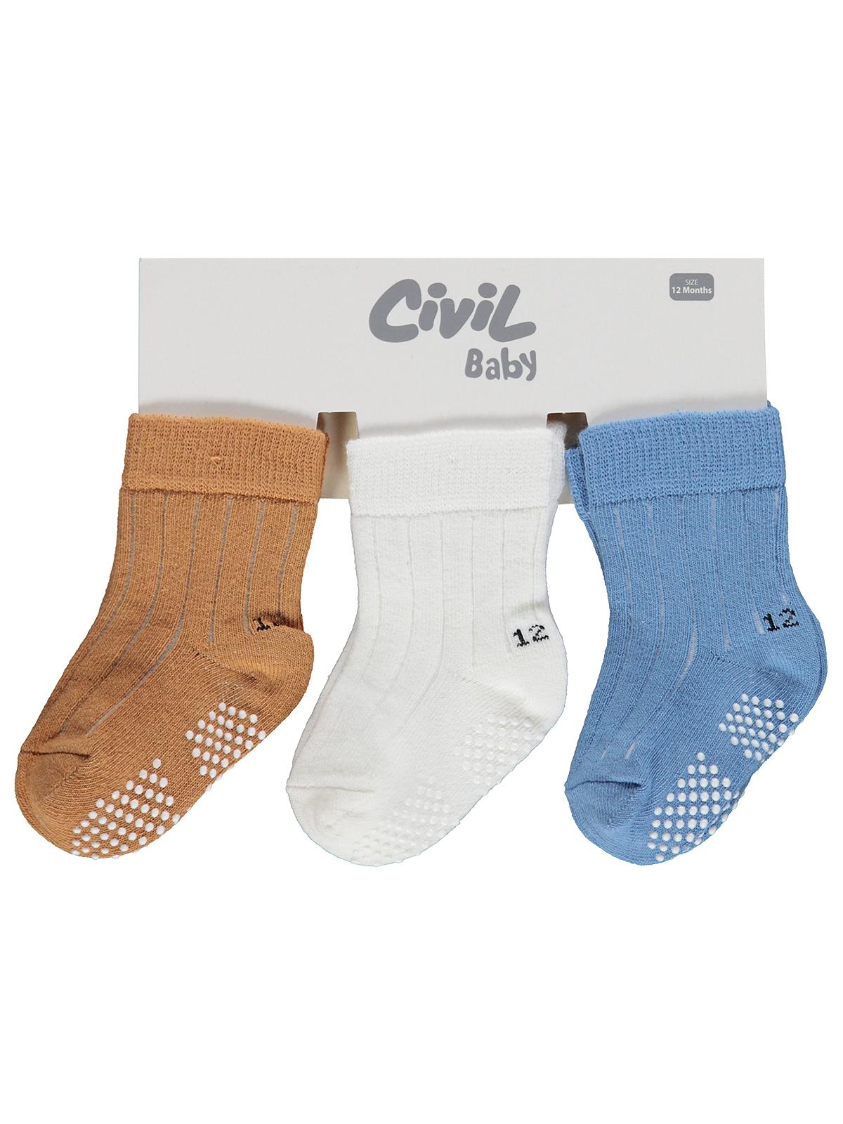 Civil Baby Çift Baskı Kaydırmaz 3'lü 6-18 Ay Bebek Erkek Çorap Set