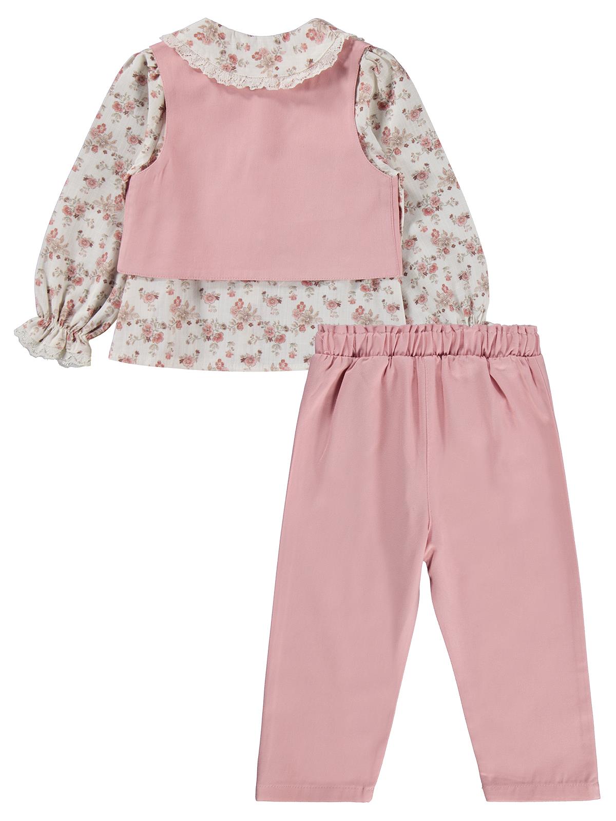 Civil Girls Yelek Pantolon Çiçekli Gömlek 3 Lü 2-5 Yaş Takım - Pembe
