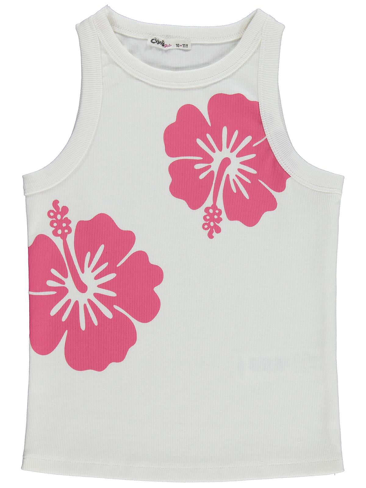 Civil Girls Hibiskus Çiçek Baskılı Askılı 10-13 Yaş Tişört - Kırık Beyaz