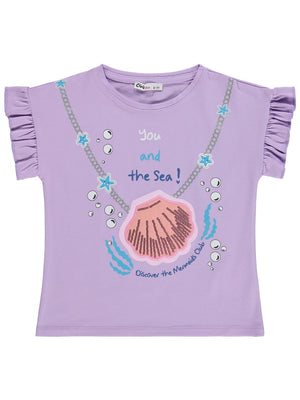 Civil Girls İstiridye Baskılı 6-9 Yaş Tişört - Lila