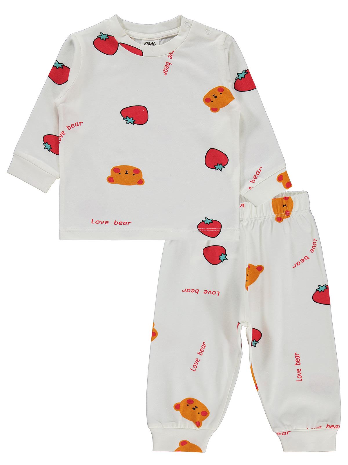 Civil Baby Ayı Çilek Empirme 6-18 Ay Pijama Takımı - Ekru