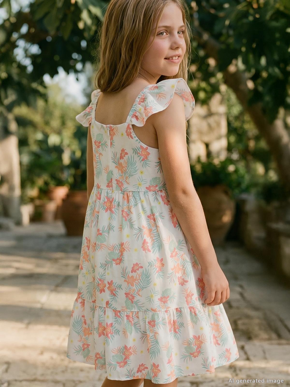 Civil Girls Çiçekli 6-9 Yaş Elbise - Yeşil