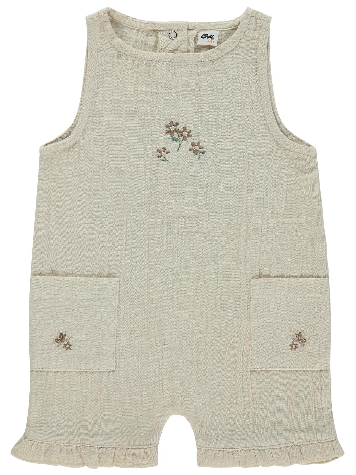 Civil Baby Cepli Çiçek Nakış 6-18 Ay Patiksiz Tulum - Bej
