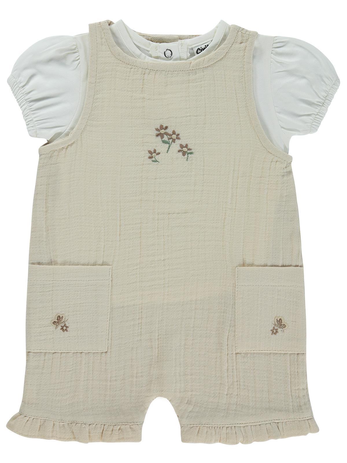 Civil Baby Cepli Çiçek Nakış 6-18 Ay Patiksiz Tulum - Bej