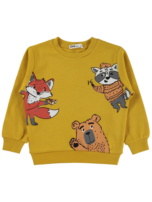 Civil Boys Erkek Çocuk Tili Rakun Ayı Baskılı Sweatshirt Km | İnterlok | Okul Kreş ve Günlük Kullanım - Hardal