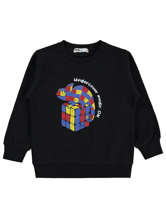 Civil Erkek Çocuk Zeka Küpü iguana Baskılı Sweatshirt Km | İnterlok | Okul Kreş ve Günlük Kullanım - Siyah