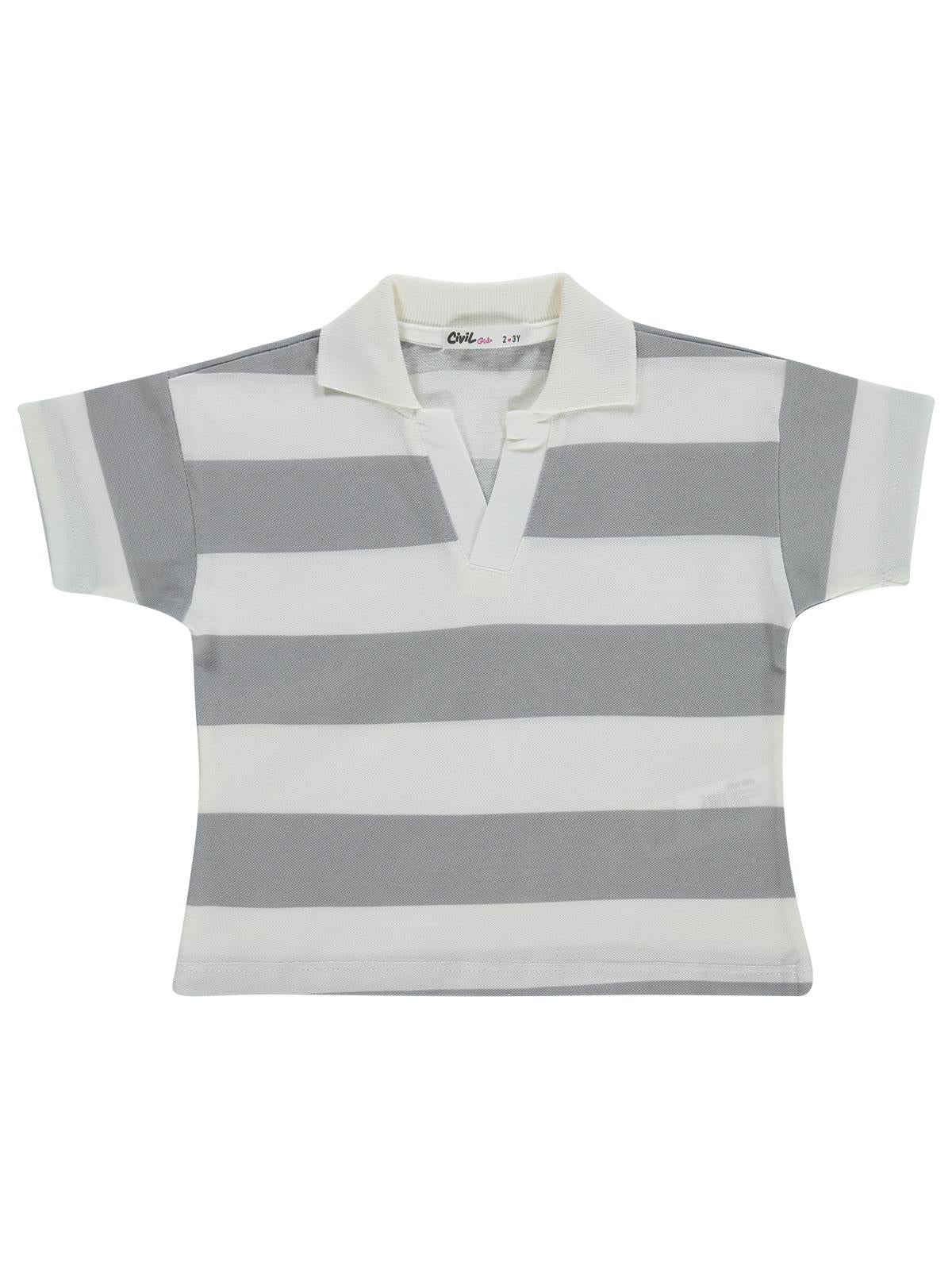 Civil Girls Çizgili Polo Yaka 2-5 Yaş Tişört - Pudra