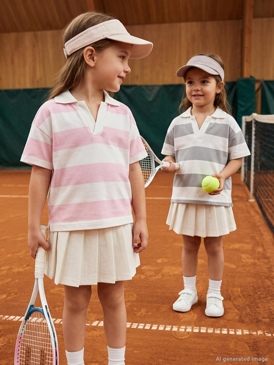 Civil Girls Çizgili Polo Yaka 2-5 Yaş Tişört - Pudra