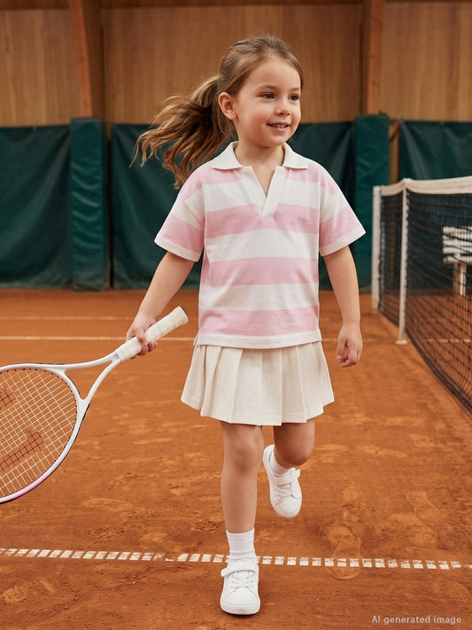 Civil Girls Çizgili Polo Yaka 2-5 Yaş Tişört - Pudra
