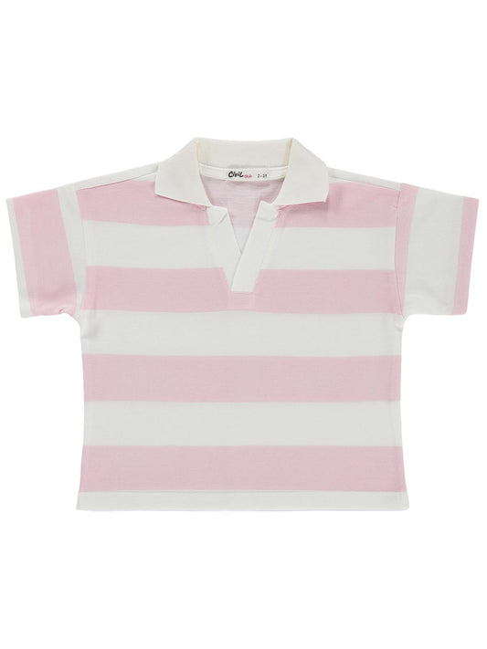 Civil Girls Çizgili Polo Yaka 2-5 Yaş Tişört - Pudra