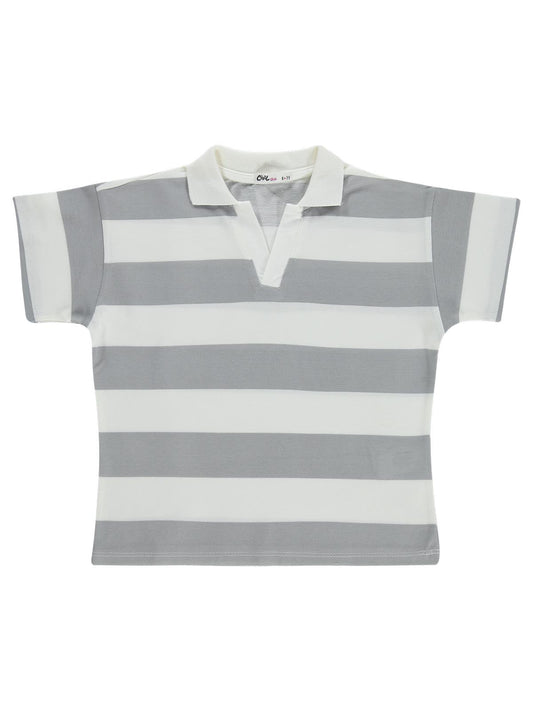 Civil Girls Çizgili Polo Yaka 6-9 Yaş Tişört - Gri