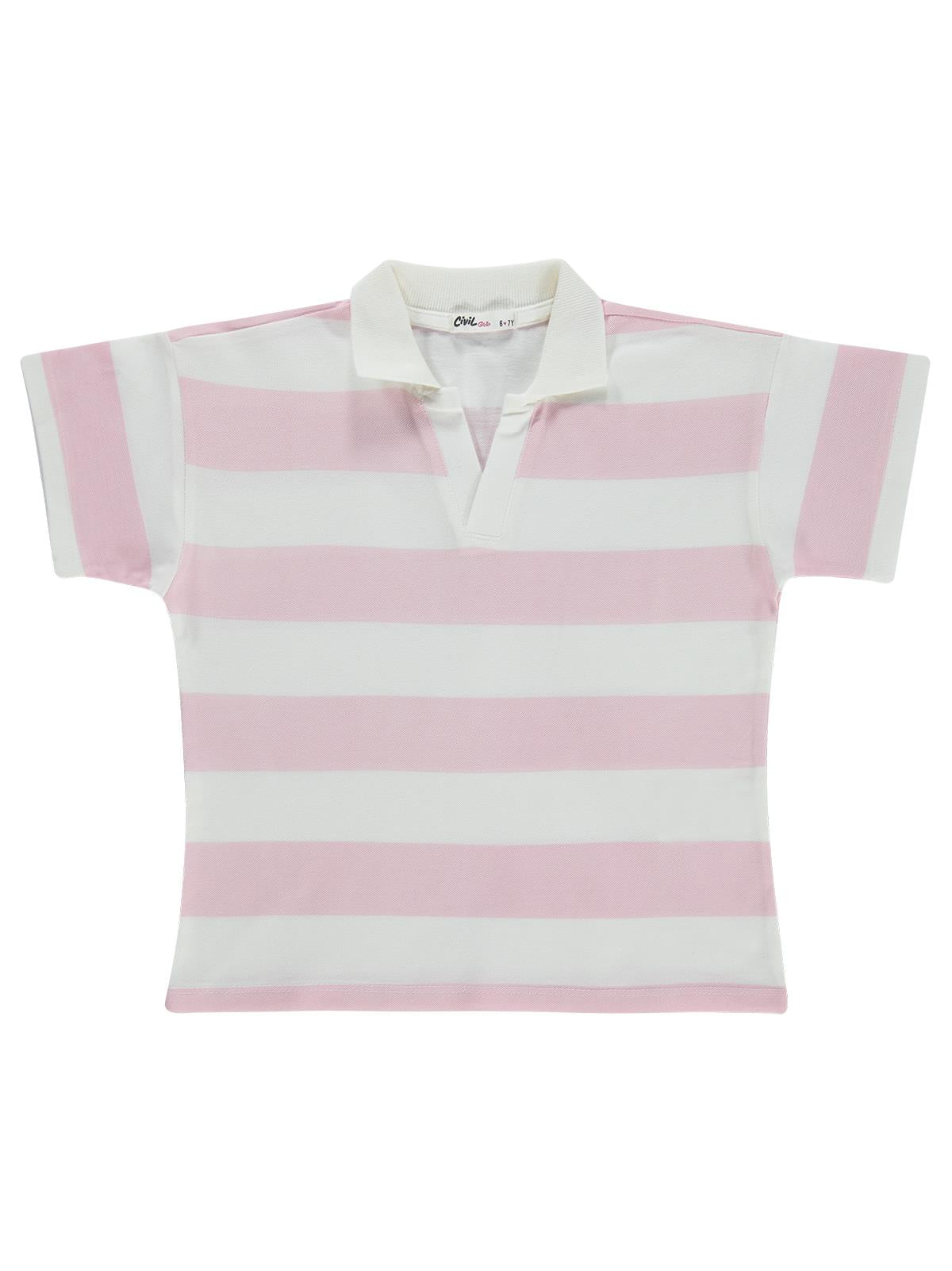 Civil Girls Çizgili Polo Yaka 6-9 Yaş Tişört - Pudra