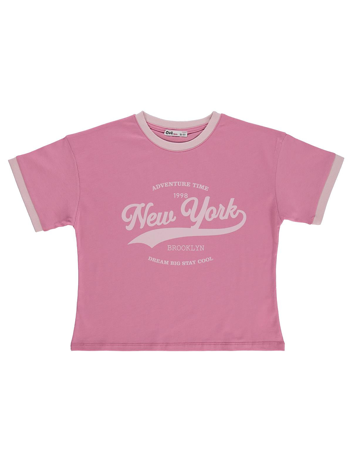Civil Girls New York Baskılı 10-13 Yaş Tişört - Pembe