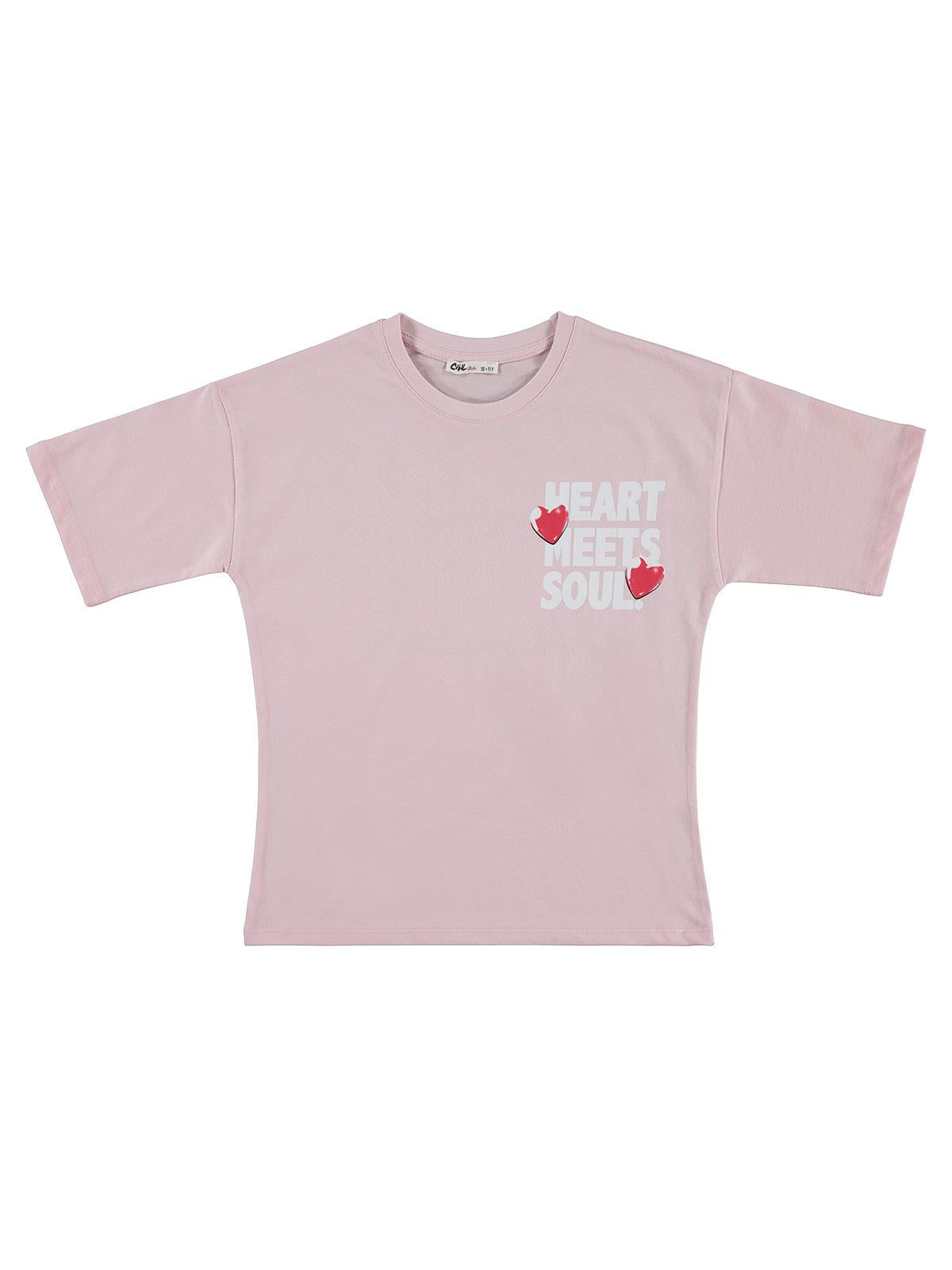 Civil Girls Heart Baskılı 10-13 Yaş Tişört - Pudra