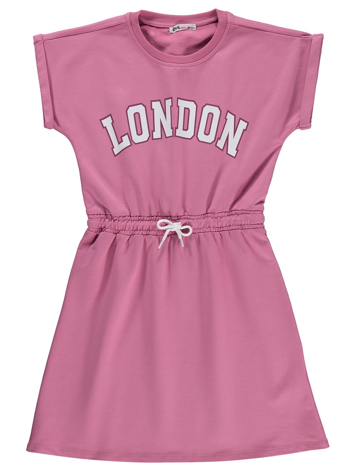 Civil Girls London Baskılı 10-13 Yaş Elbise - Pudra