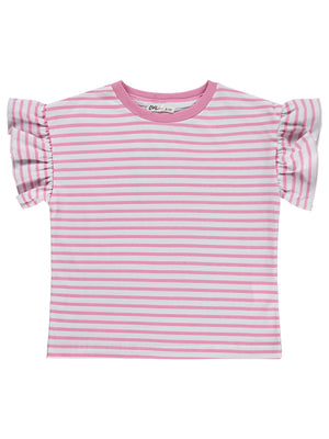 Civil Girls Çizgili Volan Kol 6-9 Yaş Tişört - Pembe