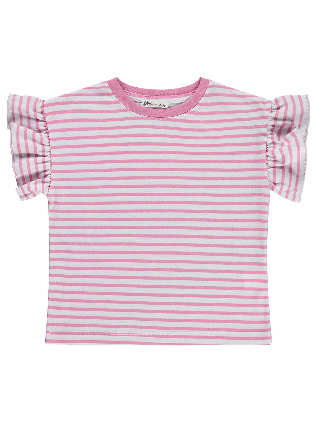 Civil Girls Çizgili Volan Kol 6-9 Yaş Tişört - Pembe
