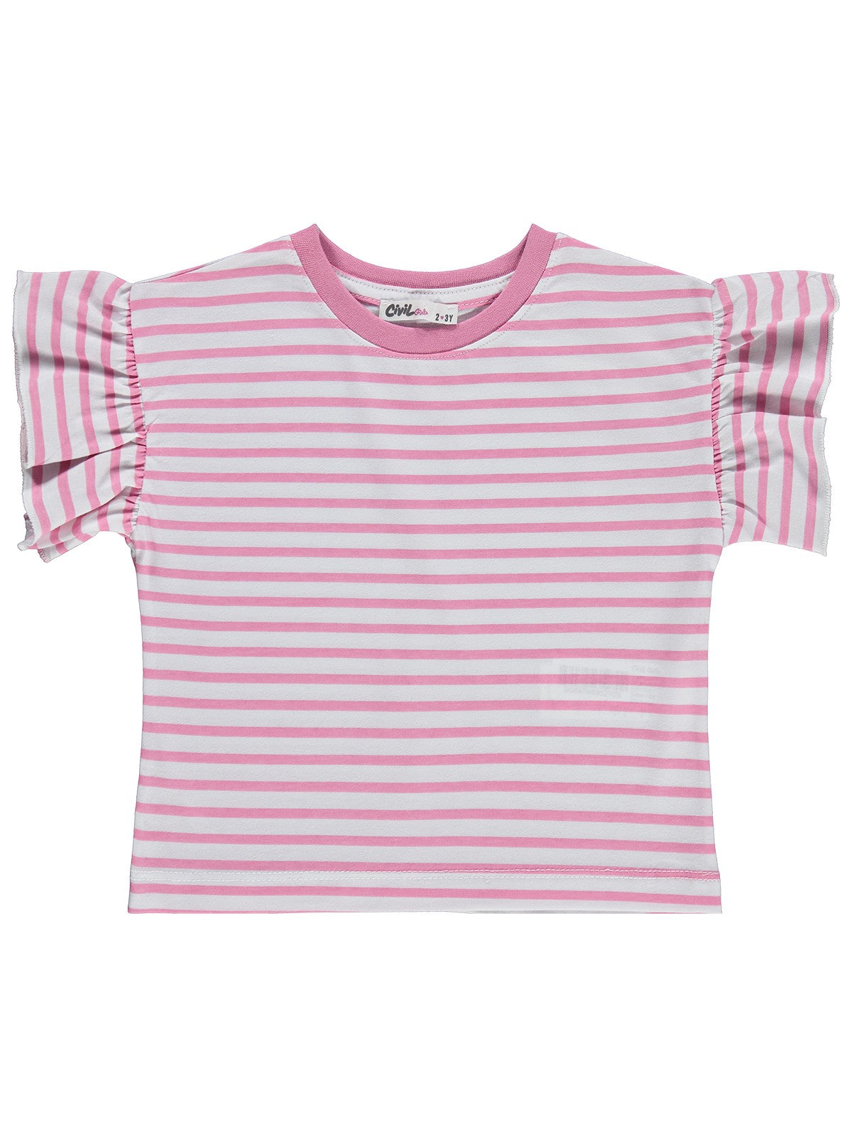 Civil Girls Çizgili Volan Kol 2-5 Yaş Tişört - Pembe