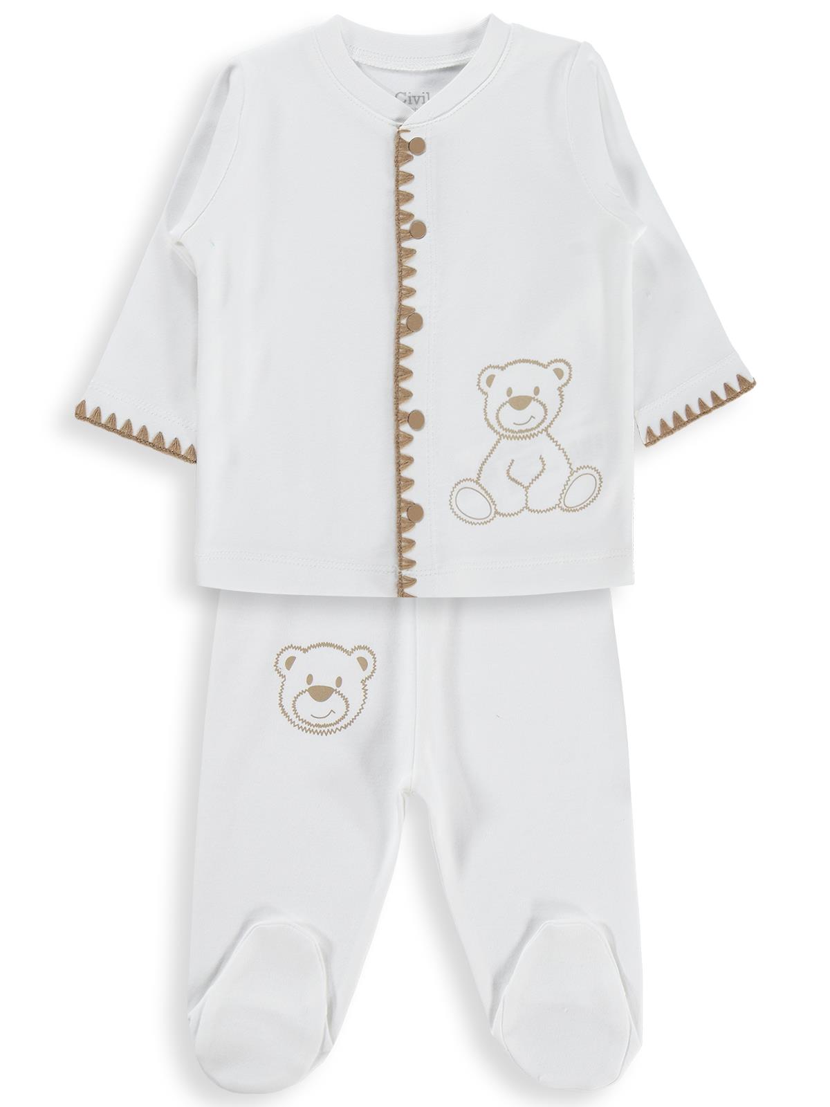 Civil Baby Oturan Tatlı Ayı Baskılı 1-9 Ay Pijama Takımı - Ekru