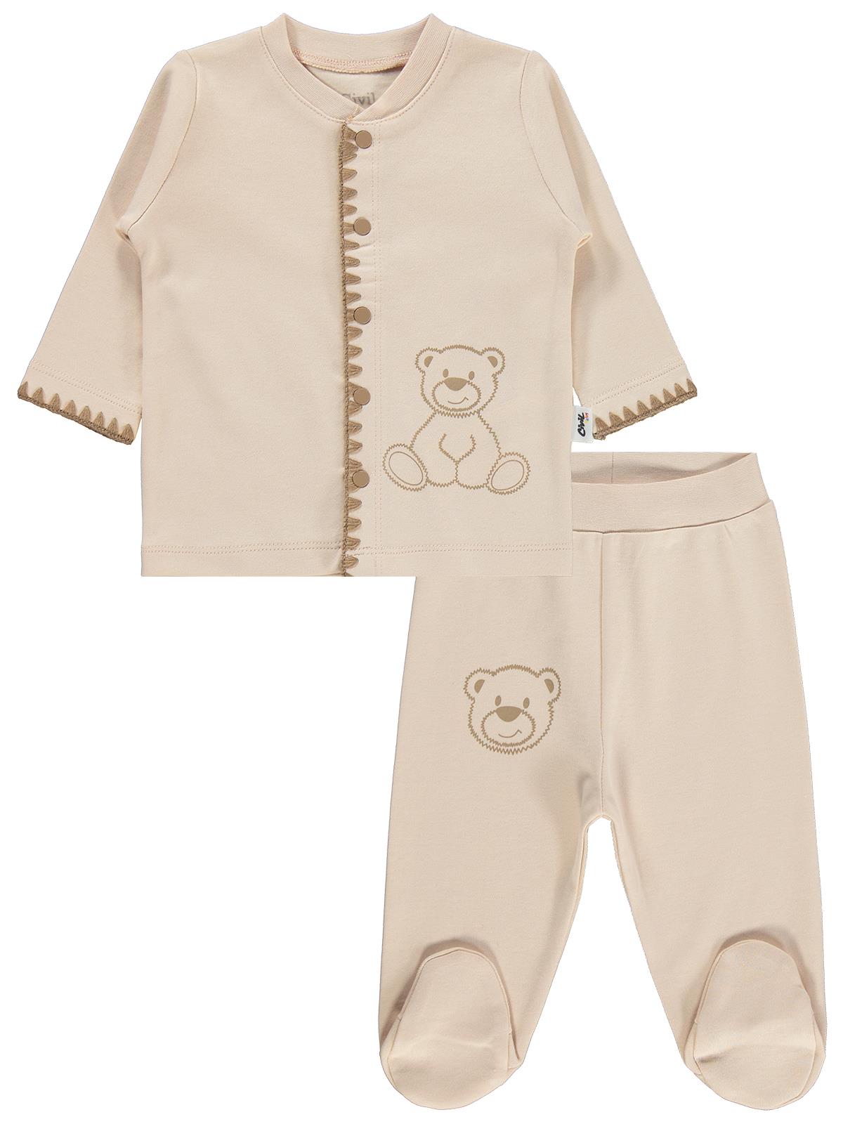 Civil Baby Oturan Tatlı Ayı Baskılı 1-9 Ay Pijama Takımı - Ekru