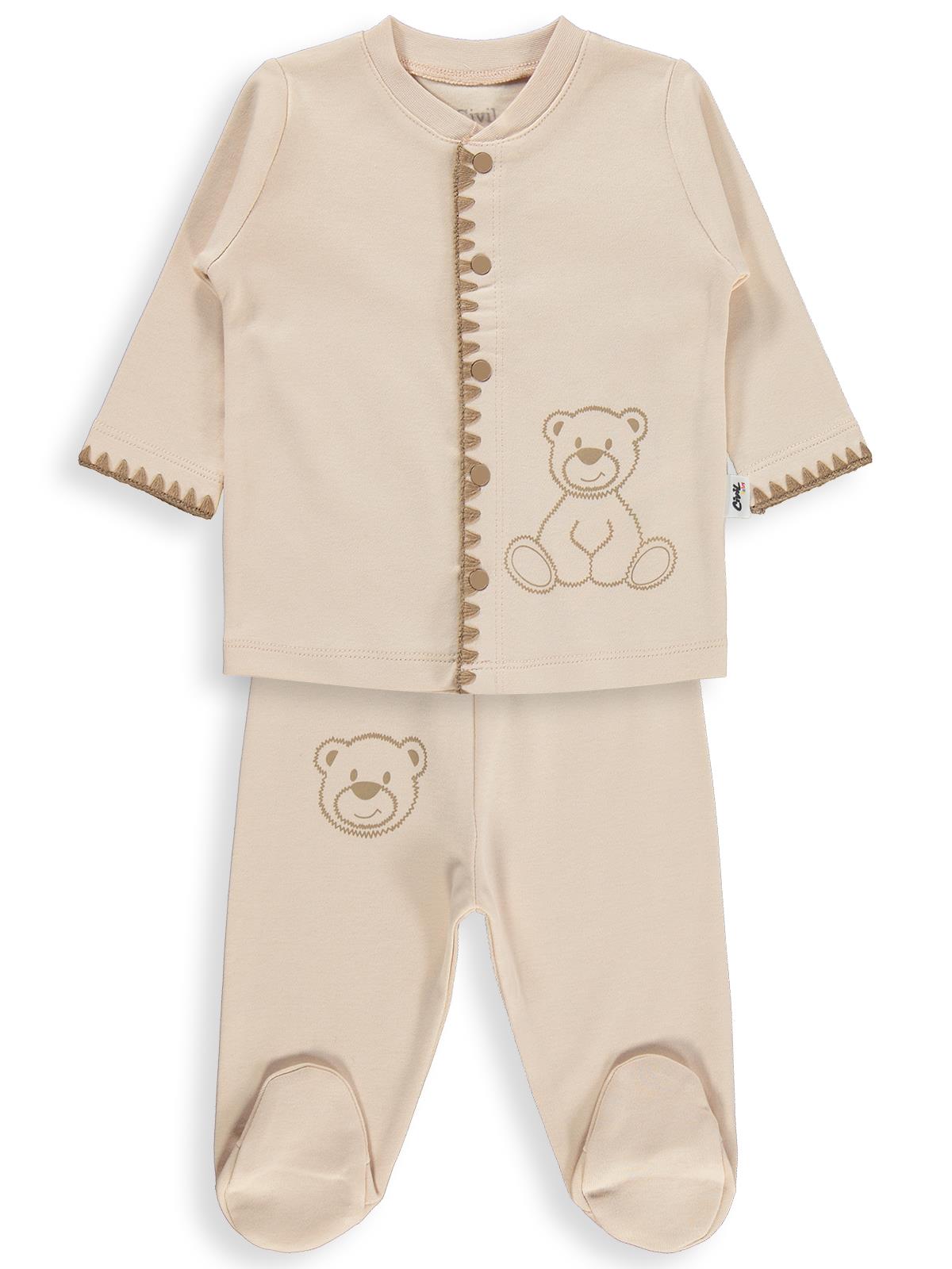 Civil Baby Oturan Tatlı Ayı Baskılı 1-9 Ay Pijama Takımı - Ekru