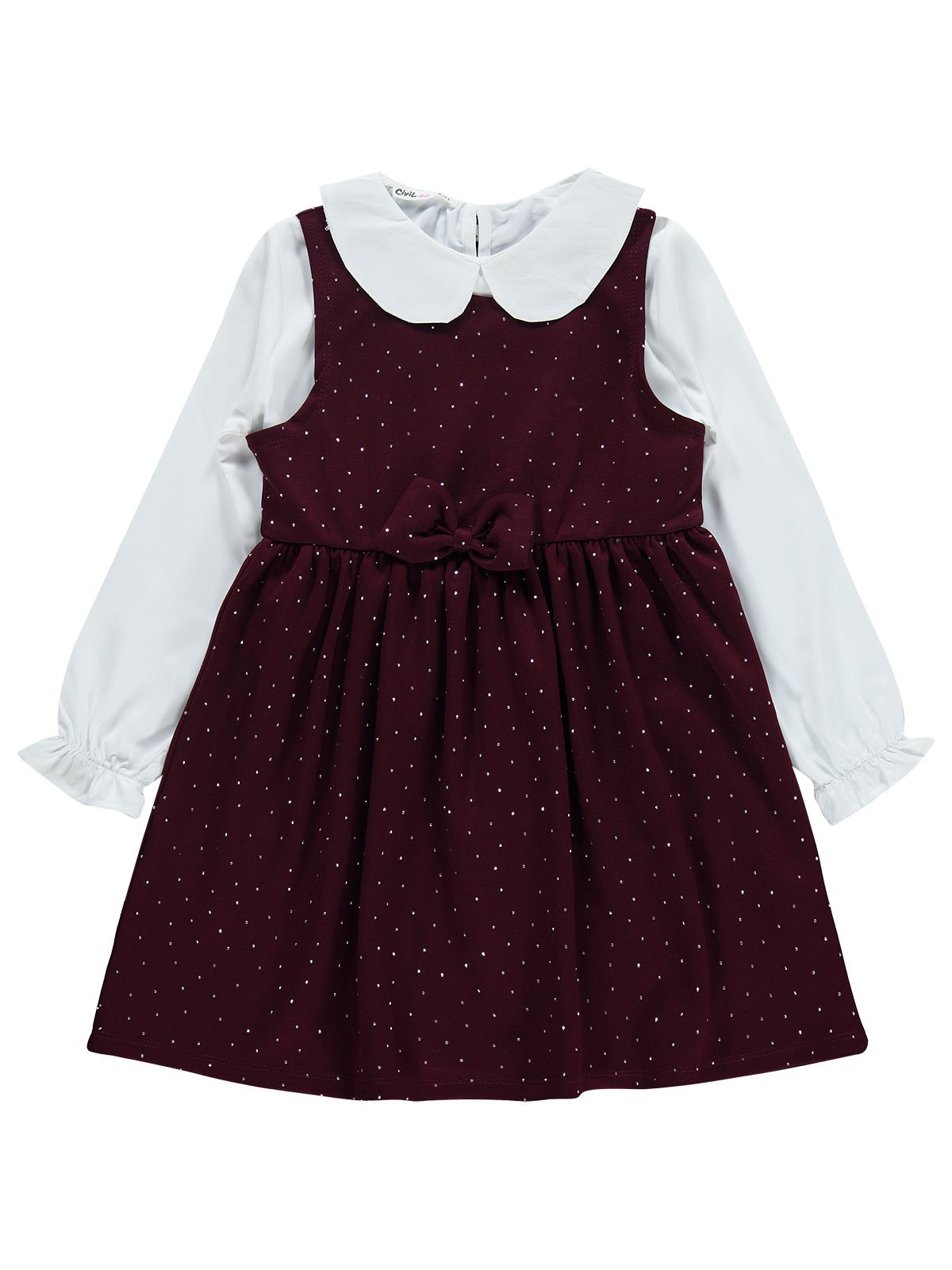 Civil Girls Taş Baskılı 6-9 Yaş Elbise - Bordo