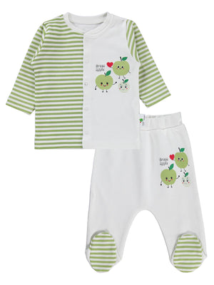 Nova Baby Yeşil Elma Kokulu Önden Açık 1-6 Ay Pijama Takımı - Ekru