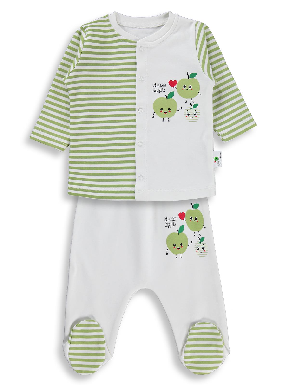 Nova Baby Yeşil Elma Kokulu Önden Açık 1-6 Ay Pijama Takımı - Ekru
