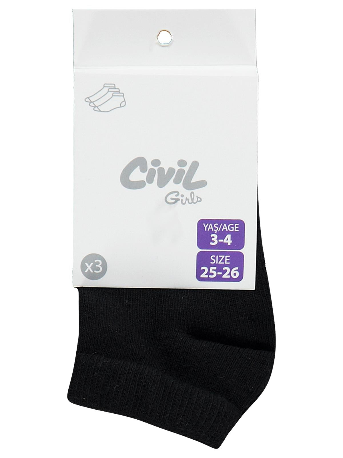 Civil Girls Basic Siyah  3'lü 3-11 Yaş Kız Çocuk Patik Çorap