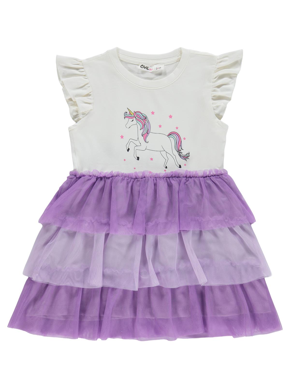 Civil Girls Unicorn Baskılı  2-5 Yaş Elbise - Lila