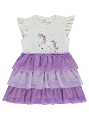 Civil Girls Unicorn Baskılı  2-5 Yaş Elbise - Lila